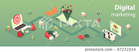Digital marketing concept 3d isometric infographics web banner. People work in advertising agency, analyze audience, use targeting and sales funnel. Vector illustration in isometry graphic design 97232834