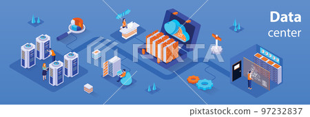 Data center concept 3d isometric infographics web banner. People control and monitor operation of data processing equipment, maintain of servers. Vector illustration in isometry graphic design 97232837