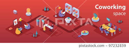 Coworking space concept 3d isometric infographics web banner. People work in open office, collaborate and hold conferences, discuss and do tasks. Vector illustration in isometry graphic design Coworking space concept 3d isometric infographics web banner. People work in open office, collaborate and hold conferences, discuss and do tasks. Vector illustration in isometry graphic design 97232839