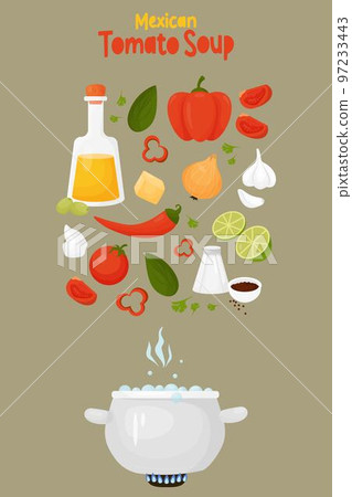Mexican Tomato Soup recipe with filling ingredients. Vector illustration. Vertical poster with boiling pot and food for cooking Latin American dish in cartoon style 97233443