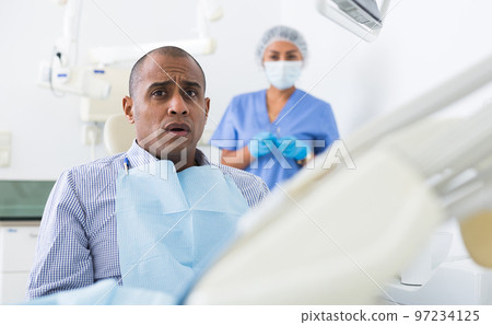 Patient is afraid to have his teeth treated at dentist Patient is afraid to have his teeth treated at dentist 97234125