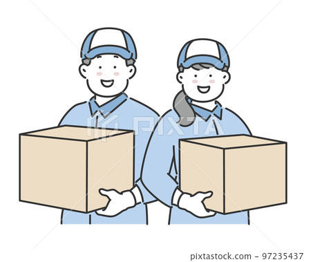 Illustration material of a male and female moving company worker delivery worker with cardboard 97235437