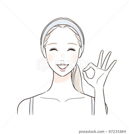 一個微笑的女人給出一個好的手勢,一個結 一個微笑的女人給出一個好的手勢,一個結 97235864