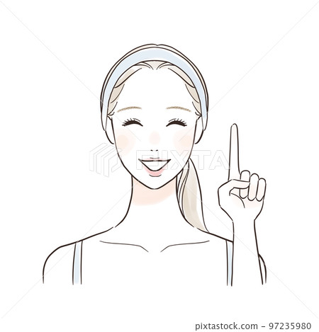 一個微笑的女人用手指解釋,護膚,一個結 一個微笑的女人用手指解釋,護膚,一個結 97235980
