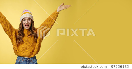 Hooray fantastic news. Portrait excited happy pleased charming young girl raising hands thrilled smiling broadly pleasant surprise meet best friend, celebrating achievement happily Hooray fantastic news. Portrait excited happy pleased charming young girl raising hands thrilled smiling broadly pleasant surprise meet best friend, celebrating achievement happily 97236183
