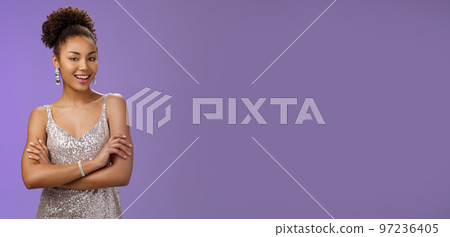 Stylish lucky happy attractive african-american female in glittering silver night-dress cross arms chest self-assured arrogant smiling delighted rejoicing nice interesting evening, satisfied Stylish lucky happy attractive african-american female in glittering silver night-dress cross arms chest self-assured arrogant smiling delighted rejoicing nice interesting evening, satisfied 97236405