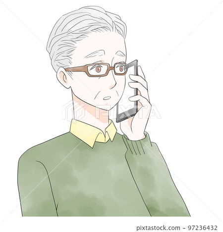 Surprised Illustration of a senior man making a phone call with a smartphone (watercolor style) Surprised Illustration of a senior man making a phone call with a smartphone (watercolor style) 97236432