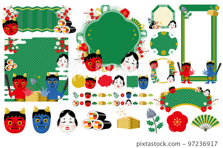 Oni, Ehomaki, Plum, Otafuku Setsubun Day Frame and Icon Illustration Set_Green_No Text 97236917
