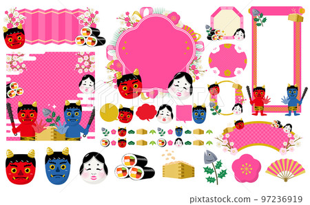 Oni, Ehomaki, Plum, Otafuku Setsubun Day Frame and Icon Illustration Set_Pink_No Text 97236919