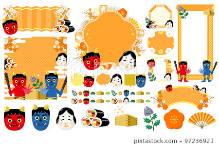 Oni, Ehomaki, Plum, Otafuku Setsubun Day Frame and Icon Illustration Set_Orange_No Text 97236921