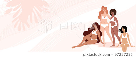 Copy space background with multiracial group of girls in lingerie for beauty spa salon, women s health and beauty, menstruation and self love banner. Vector banner flat design. Copy space background with multiracial group of girls in lingerie for beauty spa salon, women s health and beauty, menstruation and self love banner. Vector banner flat design. 97237255