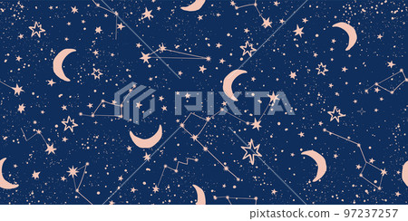 Seamless celestial pattern with stars and moon on blue sky, astrological background for zodiac signs, vector tarot art. Magic Space Ornament. Seamless celestial pattern with stars and moon on blue sky, astrological background for zodiac signs, vector tarot art. Magic Space Ornament. 97237257