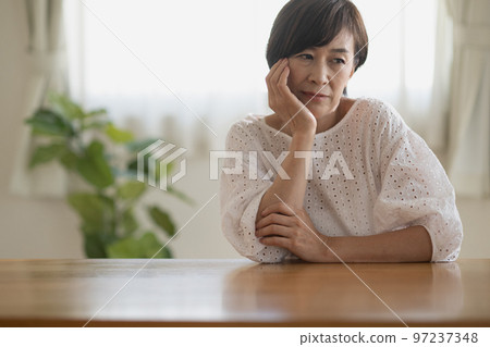 Worried Mrs. woman, headache, thinking Japanese woman image 97237348