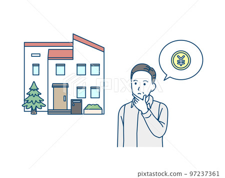 A middle-aged man thinking about a mortgage or selling a house Real estate purchase 97237361