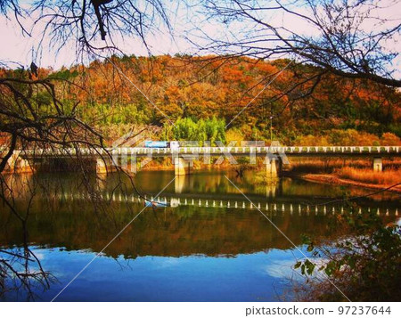 It is a track that passes through the autumn leaves and bridges that are reflected on the surface of the water. It is a track that passes through the autumn leaves and bridges that are reflected on the surface of the water. 97237644