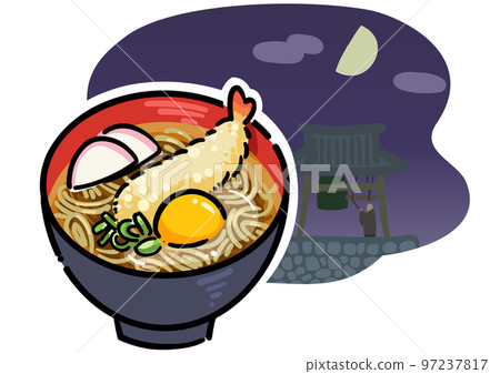 除夕蕎麥麵和新年鐘聲的圖像插圖 97237817