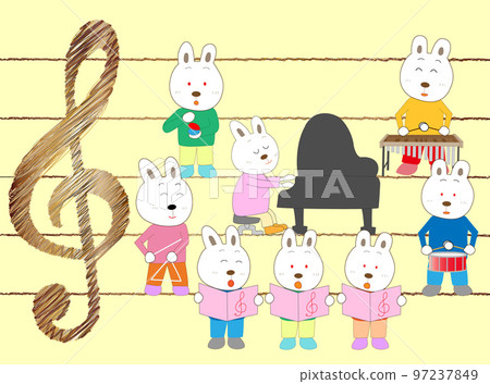 Rabbit concert. Rabbits are singing and playing musical instruments. 97237849