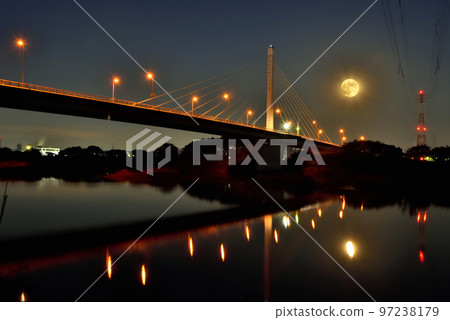 Ginga Bridge at night with streetlights and full moon 97238179