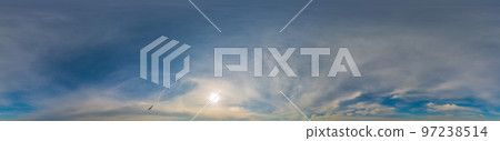 Sky panorama on sunrise with Stratocumulus clouds in Seamless spherical equirectangular format as full zenith for use in 3D graphics, game and in aerial drone 360 degree panoramas for sky replacement Sky panorama on sunrise with Stratocumulus clouds in Seamless spherical equirectangular format as full zenith for use in 3D graphics, game and in aerial drone 360 degree panoramas for sky replacement 97238514
