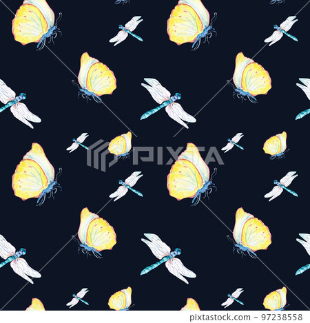 Butterfly and dragonfly watercolor seamless pattern on dark. Butterfly and dragonfly watercolor seamless pattern on dark. 97238558