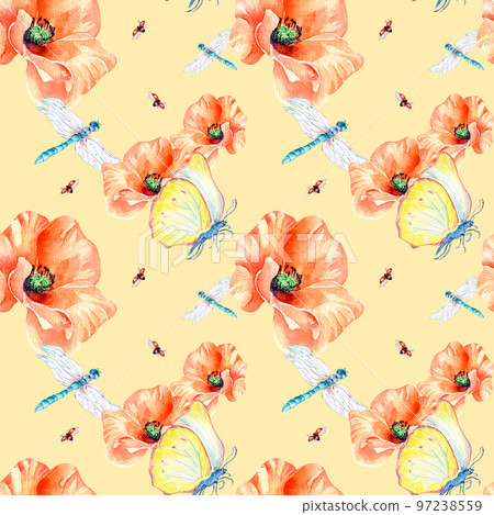 Meadow poppies with beetles watercolor seamless pattern on beige. Meadow poppies with beetles watercolor seamless pattern on beige. 97238559