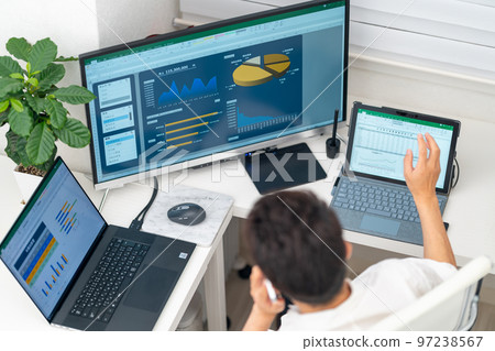 General affairs, accounting, clerical work, sales affairs, management dashboard, charts, graphs, bird's-eye view, multi-display General affairs, accounting, clerical work, sales affairs, management dashboard, charts, graphs, bird's-eye view, multi-display 97238567