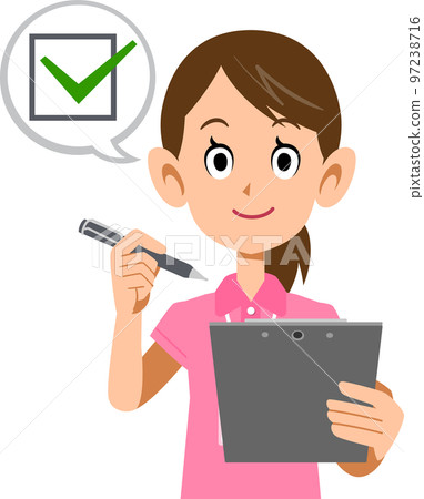 The upper body of a woman in a pink short-sleeved polo shirt and wearing a name tag, filling out a check sheet The upper body of a woman in a pink short-sleeved polo shirt and wearing a name tag, filling out a check sheet 97238716