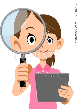 Upper body of a woman wearing a pink short-sleeved polo shirt and a name tag, holding a document and looking through a magnifying glass Upper body of a woman wearing a pink short-sleeved polo shirt and a name tag, holding a document and looking through a magnifying glass 97238717