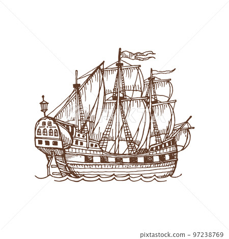 Retro sailing boat with canvas. Brigantine on sea isolated sketch icon. Vector marine galeon, retro transportation ship, caravel old frigate vessel 97238769