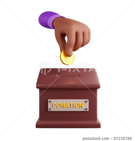 3D render hand putting coin in donation box 97238786
