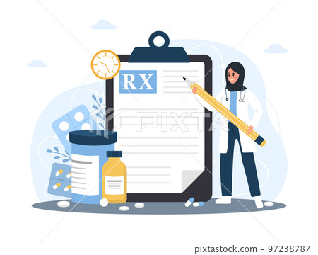 Medical prescription drugs concept. Arabic female doctor with giant pencil standing near large recipe on clipboard. Diseases therapy pills. Pharmacy control. Vector illustration in cartoon style 97238787