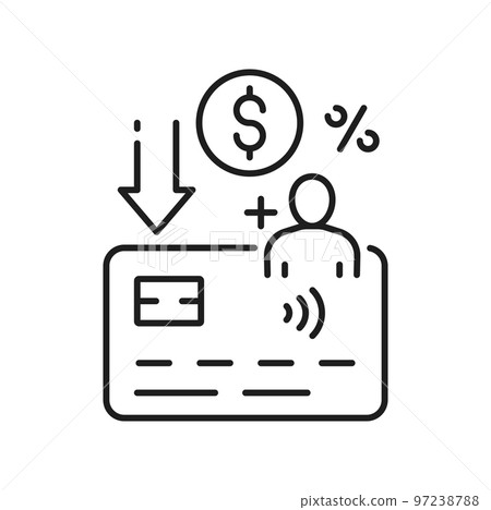 Cashback on bank card, customer loyalty program, vector consumer reward outline icon. Client bonus and discount, online shopping affiliate referral program 97238788