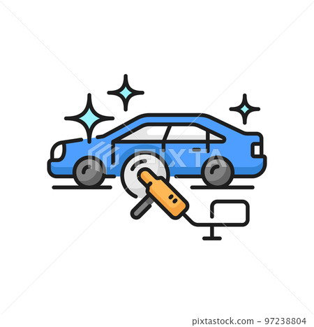 Car care icon, wash cleaning or wax polish service, carwash vector line symbol. Car care icon of varnishing, scratch restoration and refurbish polishing, car maintenance service linear pictogram 97238804