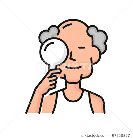 Eye examination, vision eyesight check or visual check up in senior age, vector icon. Ophthalmology or optometry eye examination of old man with closed eye for optical glasses on myopia or hyperopia 97238837