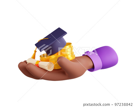 3d render hand with money, diploma, academic cap 97238842