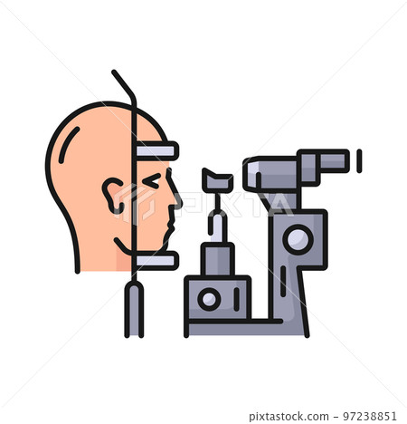 Phoropter, eye ophthalmology diagnostic and optometry test, vector icon. Phoropter refractor and patient, optometrist optical diagnostic device for eyesight and eye vision examination 97238851