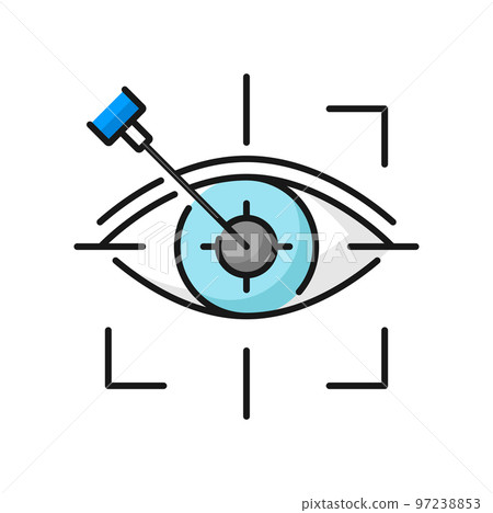 Eye laser surgery, ophthalmology lasik treatment icon, vector vision medical correction. Eye laser surgery line icon for cornea disease or myopia operation on retina, refractive eyesight correction 97238853