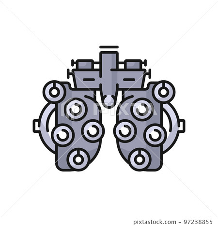 Phoropter, eye ophthalmology test vector icon of optometry. Phoropter, optometrist eyesight and eye vision diagnostic device, optician examination refractor machine with lens glasses 97238855
