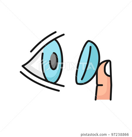 Contact lens icon, eye ophthalmology, optometry and laser surgery, line vector. Contact lens use inserting or removing instruction symbol, finger putting contact lens to eye, pictogram or linear icon 97238866