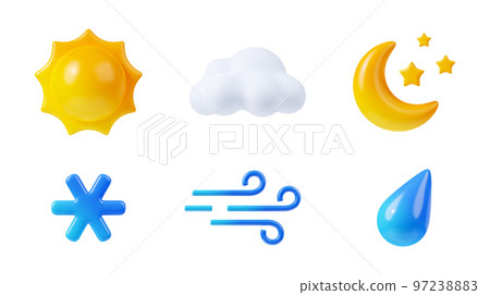 3D render weather icons set, sun, cloud, moon 3D render weather icons set, sun, cloud, moon 97238883