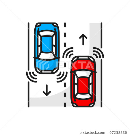 Autonomous driverless cars on road in traffic, self driving vehicles with radar sensing system. Vector driver less automobiles and ultrasonic signals 97238886