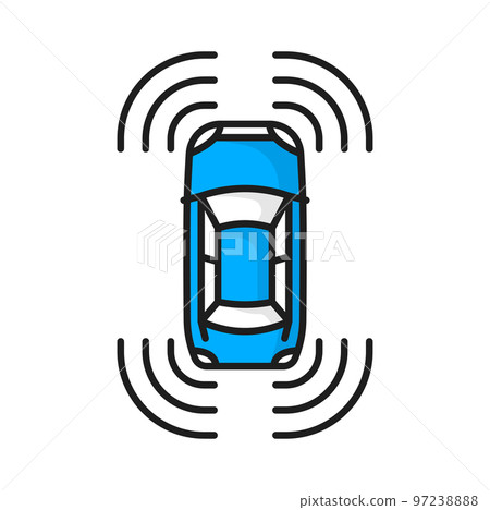 Autonomous car parking, isolated self driving vehicle with radar sensing system. Vector driverless automobile parking. Traffic monitoring system Autonomous car parking, isolated self driving vehicle with radar sensing system. Vector driverless automobile parking. Traffic monitoring system 97238888