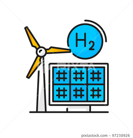 Hydrogen color icon, H2 solar energy and windmill electric power, vector line symbol. Hydrogen or oxygen cell electrolysis technology, green renewable electricity sources of solar panels and windmill 97238926