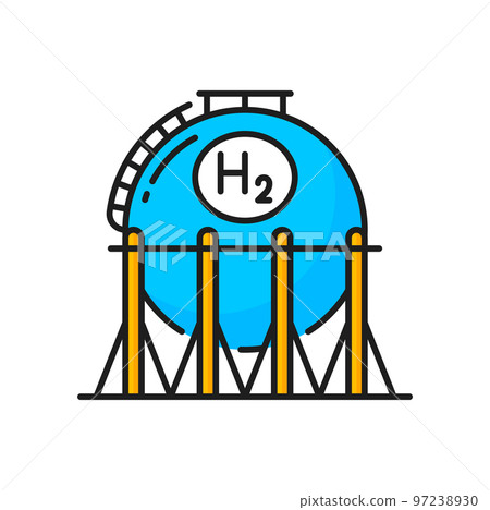 Hydrogen cistern color icon, H2 green fuel energy production, vector power plant. Hydrogen or oxygen cell electrolysis factory, hydrogen tank for gas refueling, chemical station linear symbol 97238930