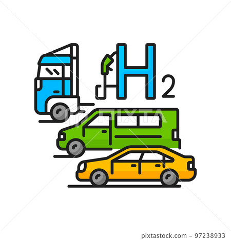Hydrogen energy in cars, green fuel and H2 power vector color icon. Renewable energy production, Hydrogen fuel in transport and automobile industry, oxygen cells electricity in automotive technology Hydrogen energy in cars, green fuel and H2 power vector color icon. Renewable energy production, Hydrogen fuel in transport and automobile industry, oxygen cells electricity in automotive technology 97238933