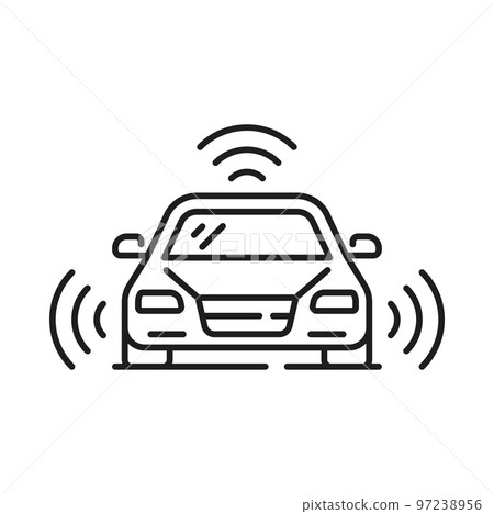 Driverless car or self driving vehicle icon with smart sensors, vector future technology. Self driving car or autonomous vehicle with automatic transport system of road radars and cameras Driverless car or self driving vehicle icon with smart sensors, vector future technology. Self driving car or autonomous vehicle with automatic transport system of road radars and cameras 97238956