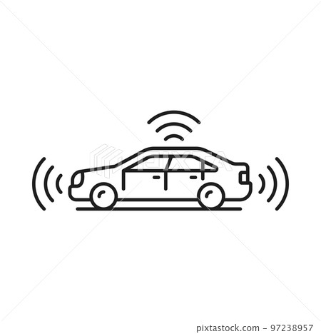 Driverless car icon, self driving smart vehicle technology, vector line symbol. Driverless car with traffic sensor controls and drive lidars for safe transportation of self driving vehicles Driverless car icon, self driving smart vehicle technology, vector line symbol. Driverless car with traffic sensor controls and drive lidars for safe transportation of self driving vehicles 97238957