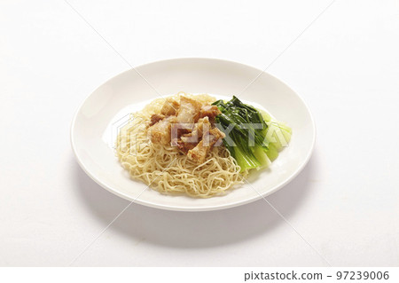 Chinese yellow egg noodles topping slice barbecue pork and boiled cabbage in a bowl Chinese yellow egg noodles topping slice barbecue pork and boiled cabbage in a bowl 97239006