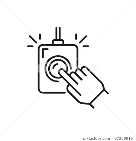 Hand of doctor pushing control button on CT scanner, mri scanning outline icon. Vector radiologist pressing start button on CAT scanner at clinic 97239019