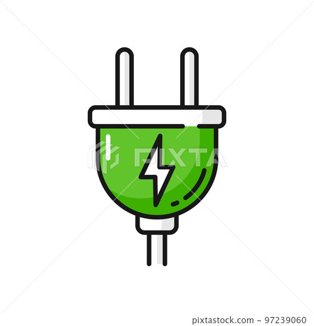 Electric car charging power socket with cable isolated green color icon. Vector thunderbolt and electricity sign. Electrical wire charger sign 97239060
